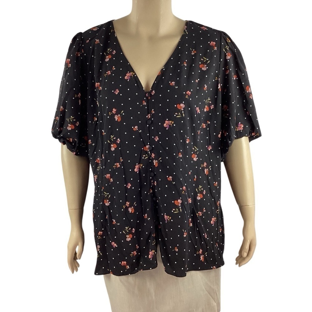City Chic Spot the Petal Floral Blouse Black Size 24